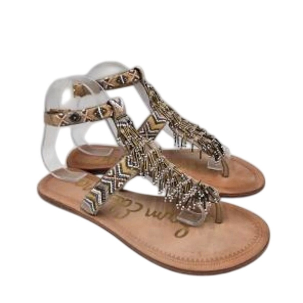 Sam Edelman Alara Sandals Womens 7.5 Tan Beaded Fringe Boho Flat Thong Strappy
